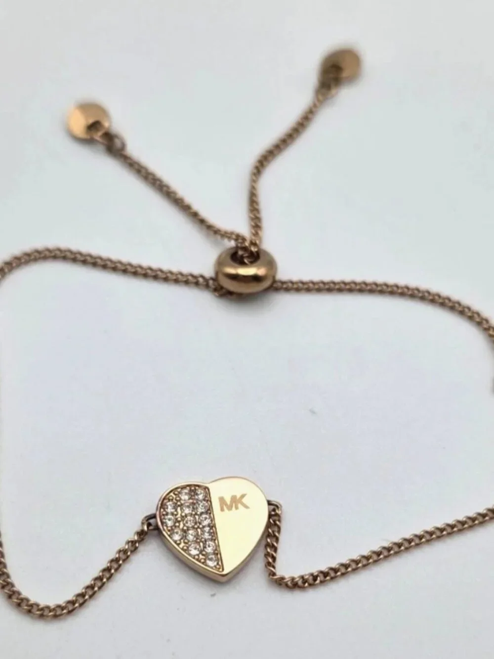 Michael Kors Rose Gold Tone Clear CZ Pavé Heart Slider Bracelet One Size